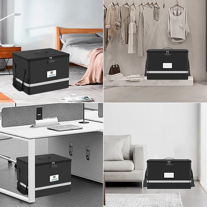 Fireproof File Box with Lock, 5200°F Document Box Storage Organizer, Suitable for Hanging File Folders in Letter Size, Collapsible Box, Reflective Strip for Fast Find (16.6*12.6*10.2, Black)