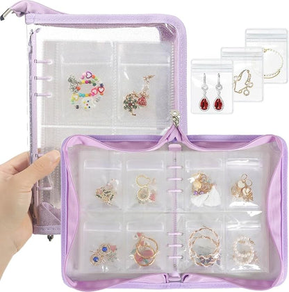 AOLEIXIYA Jewelry Organizer Book Clear Travel earring book organizer Transparent Jewelry Book with Zipper Pouch Bags (Purple,With 80 PCS Small Jewelry Bags)