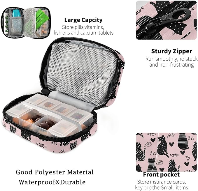 Fustylead Black Silhouette Cats and Star Hearts Travel Pill Organizer Bag with Zipper Small Pill Box 7 Day Pill Case for Purse Storage Weekly Vitamin Medicine Supplement