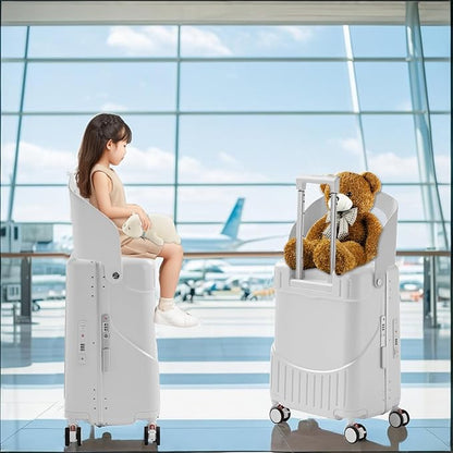 20 Inch Ride on Luggage With Seat For Kids&Adults,with Front Pocket, Foldable Seat Back TSA Approved Lock, 360° Spinner Wheels (20 inch,White)