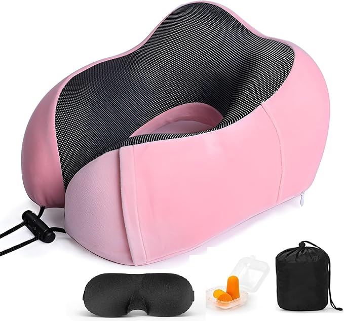 Airplane Travel Neck Pillow, 100% Memory Foam Ergonomic Neck Support, Airplanes Neck Pillow with Washable Cover Travel Essential for Flight Car & Office Includes Eye Masks, Earplugs & Carry Bag (Pink)