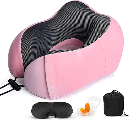 Airplane Travel Neck Pillow, 100% Memory Foam Ergonomic Neck Support, Airplanes Neck Pillow with Washable Cover Travel Essential for Flight Car & Office Includes Eye Masks, Earplugs & Carry Bag (Pink)