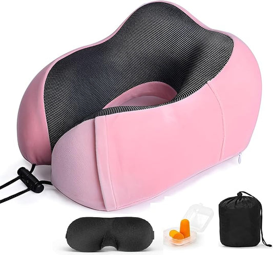 Airplane Travel Neck Pillow, 100% Memory Foam Ergonomic Neck Support, Airplanes Neck Pillow with Washable Cover Travel Essential for Flight Car & Office Includes Eye Masks, Earplugs & Carry Bag (Pink)