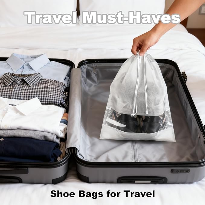 20 Pack Shoe Bags for Travel, 17" x 12.6" Drawstring Shoe Organizers with Clear Window, Breathable Non-Woven Dustproof Pouches for Luggage & Closet (White)