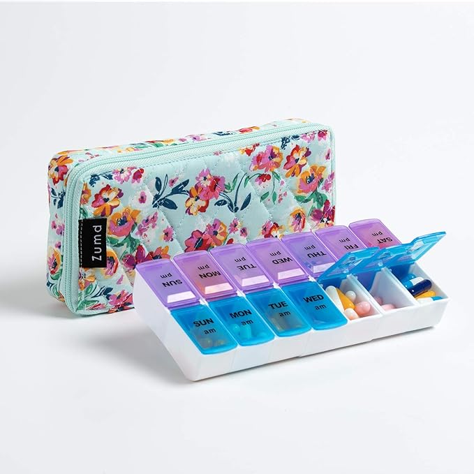 Weekly Pill Organizer 2 Times a Day, Zumd Pill Box 7 Day with Cute Quilted Fabric Zipper Case, Travel Pill Case Am Pm for Vitamin Medicine Organizer