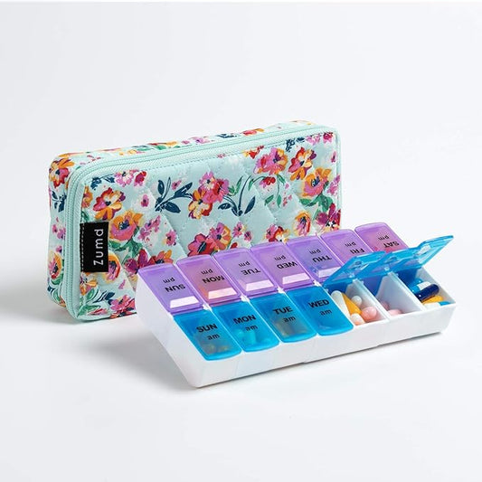 Weekly Pill Organizer 2 Times a Day, Zumd Pill Box 7 Day with Cute Quilted Fabric Zipper Case, Travel Pill Case Am Pm for Vitamin Medicine Organizer