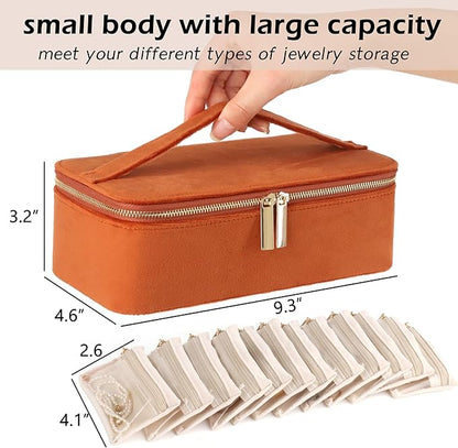 HofferRuffer Jewelry Box Organizer for Women Girls, Travel Jewelry Case with 12 Portable Zipper Bags, Jewelry Storage Ideal for Travel & Home Organization (12pcs-Brown Velvet)