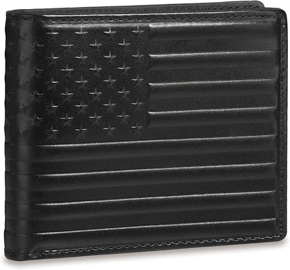 Full Grain Leather Wallet for Men, RFID Blocking, Mens Wallet Bifold with 2 ID Windows, Billfold with 13 Card Slots, Leather Gift for Men, American Flag Wallet Black