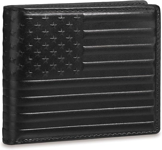 Full Grain Leather Wallet for Men, RFID Blocking, Mens Wallet Bifold with 2 ID Windows, Billfold with 13 Card Slots, Leather Gift for Men, American Flag Wallet Black