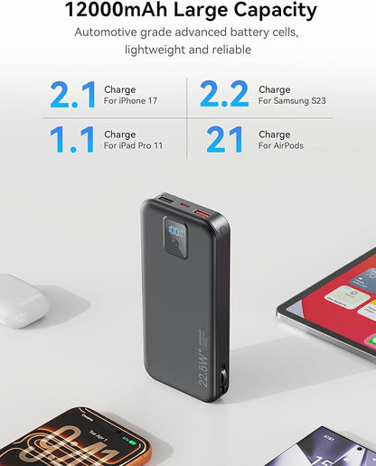 Portable Charger, 12000mAh 22.5W Fast Charging Power Bank with Built-in Cables & Wall Plug, Travel Essentials Battery Pack with LED Display, USB C External Battery Bank for iPhone iPad, Samsung Black