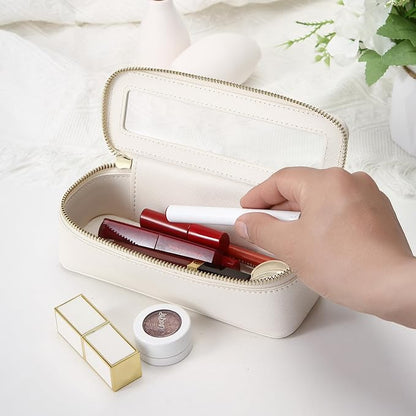 Aveniee Clear Makeup Brush Bag,Slim Cosmetic Brush Holder,Small Toiletry Bag Mini Travel Case for Women,Thin Make up Bags with Dual Zipper,Cute Travel Essentials Organizer,White