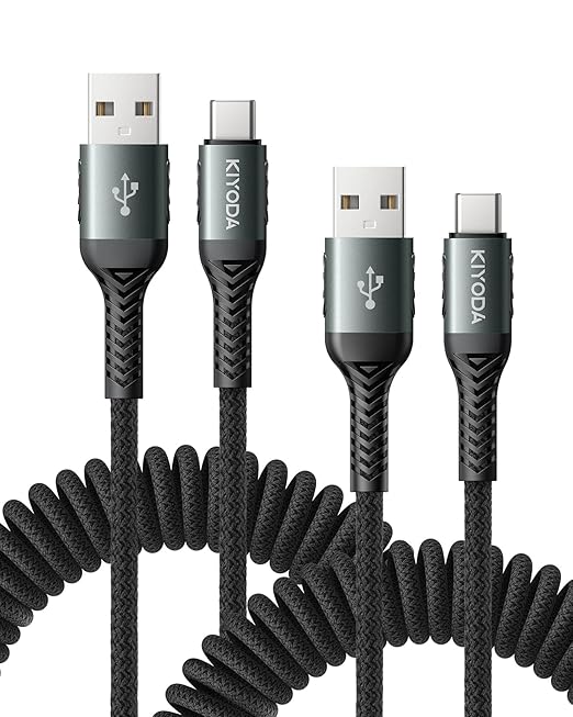 USB C Cable Coiled 6FT 2Pack, Braided USB A to Type C Charger Cable for Car 66W Fast Charging Cord Compatible with iPhone 17 16 15, iPad, Samsung Galaxy, Google Pixel, Moto, TCL, LG Phones