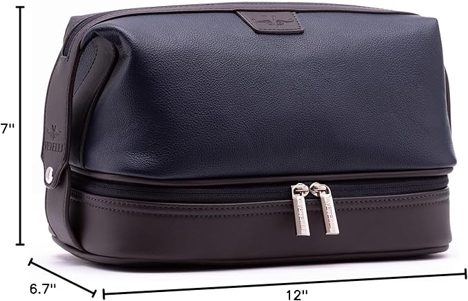 Vetell Leo Large Leather Men's Travel Toiletry and Shaving Case Bag with Upper and Lower Zippered Compartments, 3 Interior Loops and Carrying Handles
