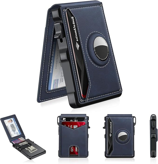 Airtag Wallet for Men, Mens Smart Wallet for Air Tag RFID Blocking, Minimalist Bifold Pop Up Aluminum Credit Card Case Holder 12+ Cards with ID Window, Gift for Men, No Airtag Included, Navy