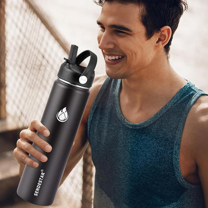 SENDESTAR Insulated Water Bottle 24 OZ, Wide Mouth 24 oz Water Bottle with Straw Lid, Spout Lid, Double Wall Vacuum Stainless Steel Leak Proof, Keeps Liquids Hot or Cold (Black)