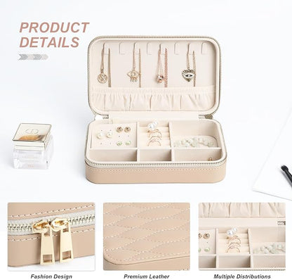 Leather Jewelry Box Women's Travel Jewelry Organizer with Zippered Design Tangle-Free Storage for Necklaces, Earrings, and Bracelets, Luxury Gift Box Apricot