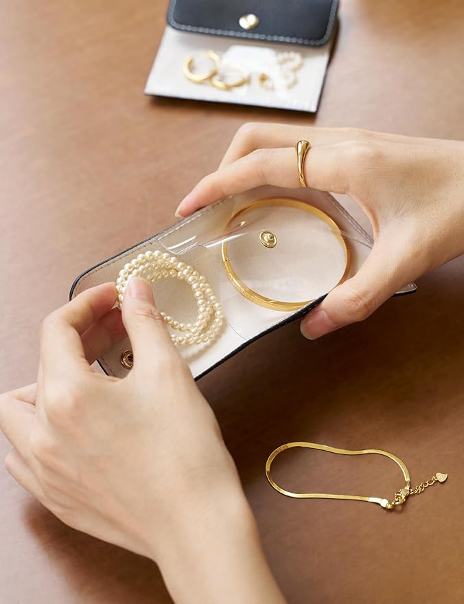 Popvibe Travel Jewelry Box Organizer Small Jewelry Case with 6 Jewelry Bags Mini Pouch, Portable Traveling Jewelry Case for Women, Black Leather Compact Jewelry Travel Necklace Case Holder