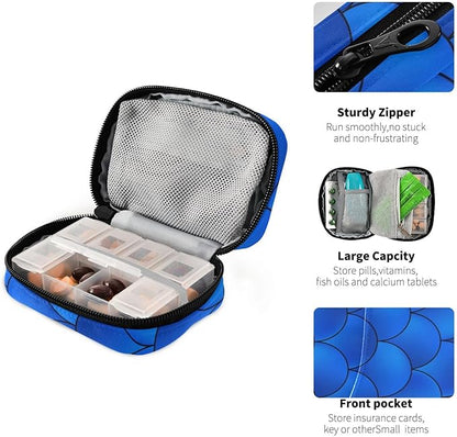 Pill Organizer Box Case Weekly Travel Pill Container Cute Pill Holder 7Day Vitamin Organizer Pill Dispenser Sorter Planner Storage Small Compact Dark Blue Mermaid Scales17