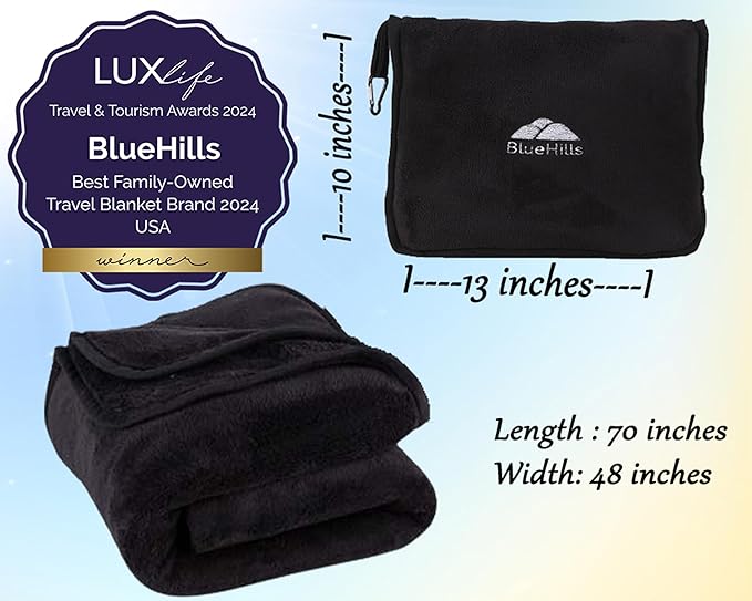 BlueHills Premium Soft Tall Travel Blanket Pillow Airplane Flight Blanket Long Throw in Bag Pillowcase with Backpack Clip Compact Large Long Traveling Essentials Portable Black T054