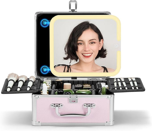 OMIRO Makeup Case, Makeup Bag with Light Up Mirror Set, Makeup Organizer Bag with Magnet Makeup Mirror for Women and Girls