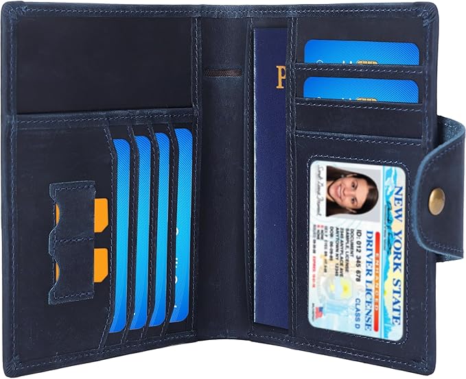 STAR VISTA Carmen Leather Passport Wallet, Dual Bifold Cash Pockets, RFID Blocking, ID Window, 6 Card Slots, Coin Pocket, SIM Slots, AirTag Slots, Navy Blue
