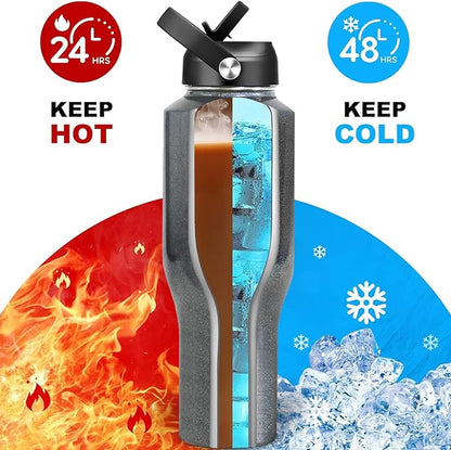 HYDROWION 40 oz Insulated Water Bottle with Straw fit in Car Cup Holder(Cold 48 hrs, Hot 24 hrs) Drinking Bottle with Straw Lid, Spout Lid and Flex Cap Leakproof Travel Thermo Mug，Laser Grey