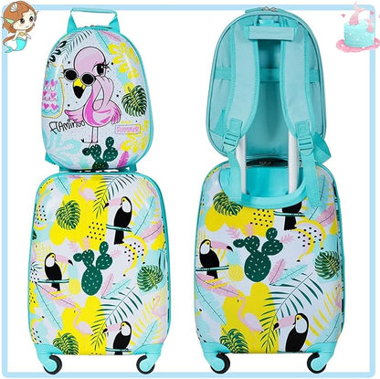 KOTEK Kids Carry On Luggage Set, 16" Hardside Rolling Suitcase with Spinner Wheels, Travel Rolling Luggage for Boys Girls (Flamingo)