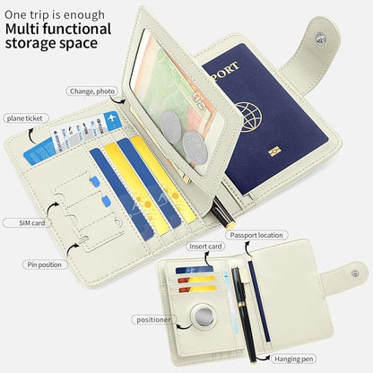 Passport Holder Wallet Bag with AirTag Holder, Card Slots and Passport Solt Ticket Cash Solt, Photo Solt Sim Card Pen Slot.White