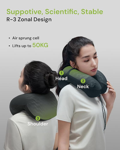BENEUNDER Travel Neck Pillow for Airplane, Inflatable Compact 360°Head Support Pillow, Comfortable Breathable Cover for Travel, Train,Car with Storage Bag, Black