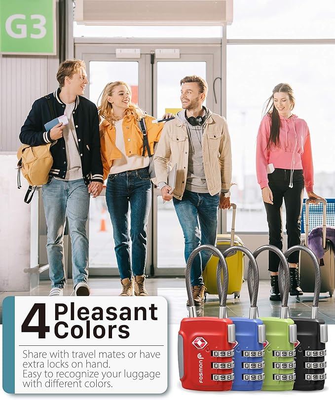 Fosmon TSA Approved Luggage Locks, Cable Suitcase Travel Lock, 3 Digit Long Shackle Combination Padlock, Wire Lock for Gym Locker, Backpack Anti Theft