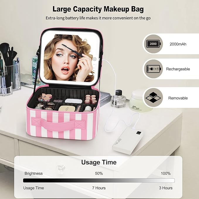 TANTO Makeup Bag With LED Mirror, Travel Makeup Case with Light up Mirror Large Cosmetic Case with 3 Color Lighted Portable Organizer Bag with Adjustable Dividers (Pink/White Stripes, Small)
