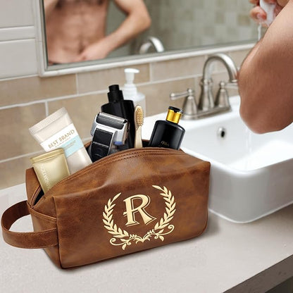 Engraved Travel Toiletry Bag Leather Waterproof Kit, Shaving Bag for Toiletries Accessories, Travel Wash Bag for Him - DarkBrown(R)