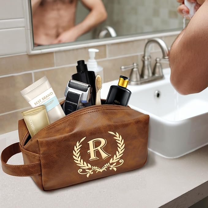 Engraved Travel Toiletry Bag Leather Waterproof Kit, Shaving Bag for Toiletries Accessories, Travel Wash Bag for Him(R)