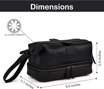 LEATHER VILLAGE Genuine Leather Dopp Kit – Large Travel Toiletry Bag with Waterproof Lining, Dual-Zip Design for Men & Women, Organizer for Shaving, Makeup & Essentials - Black