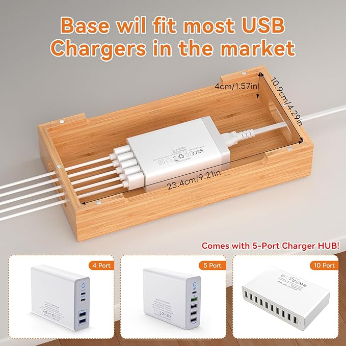 Pezin & Hulin Bamboo Charging Station with Watch Stand, Docking Holder for Multi Device with 5 Port USB Charger HUB, 5 Charge Cables, Desktop Electronic Organizer for Cellphone, Tablet, Watch