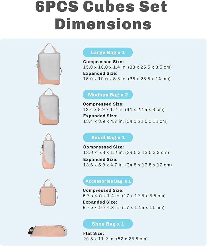 Hynes Eagle 6 Set/ 4 Set/ 2 Set Compression Packing Cubes Travel Essentials Lightweight Nylon Luggage Suitcase Organizer Bag Light Pink 6PCS