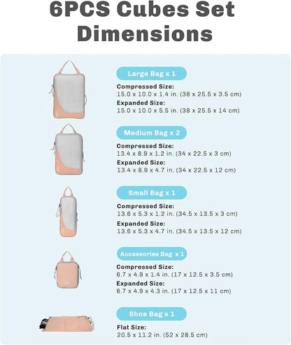 Hynes Eagle 6 Set/ 4 Set/ 2 Set Compression Packing Cubes Travel Essentials Lightweight Nylon Luggage Suitcase Organizer Bag Light Pink 6PCS