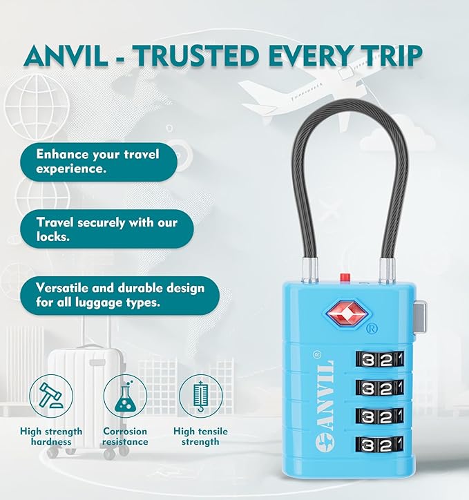 ANVIL 4 Digit Luggage Locks, TSA Locks for Luggage, Advanced TSA008 core, Alert Indicator for Your Travel Lock, Suitcase Lock. (4, 4 Colors)