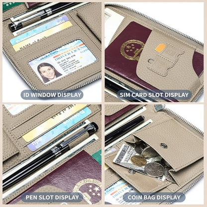 Leather Travel Wallet, RFID passport wallet for travel, with Zippered Pocket and Cash Slot, for Secure Traveling and Documentation Organizer (Eephant Grey)
