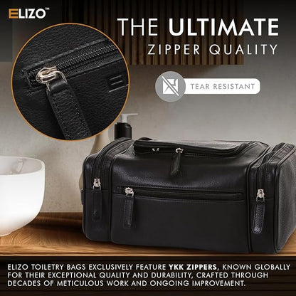 ELIZO Genuine Leather Toiletry Bag for Men Mens Toiletry Bags for Traveling Waterproof Hanging Leather Dopp Kit w/Hook Extra largeToiletry Bag Travel Organizer for Toiletries