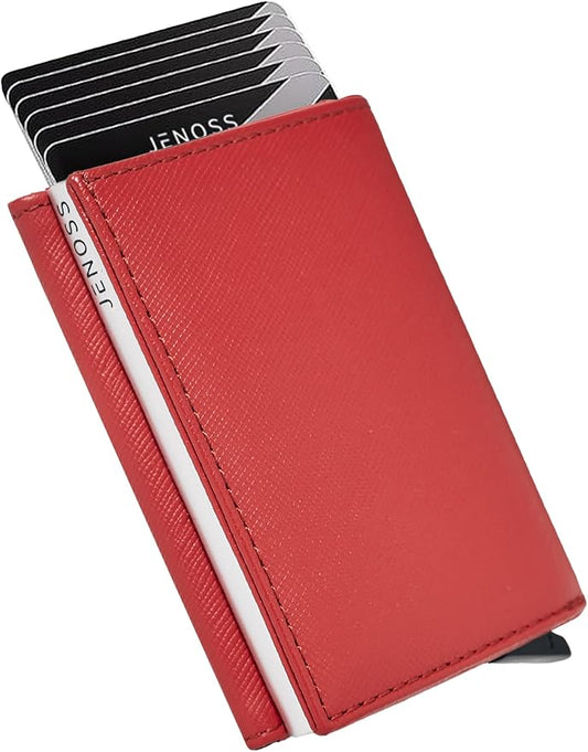 Jenoss Smart Wallet For Men & Women: Full Grain Leather, Handcrafted, Slide Metal Pop Up Case, Slim RFID Blocking Credit Card Holder Minimalist Compact 12 Cards Slot Organizers ID Clip (Red & Silver)