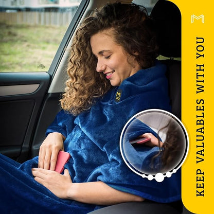 Travel Blanket Airplane Compact with Hoodie – 2in1 Airplane Travel Accessories from Plane Blanket to Travel Pillow with Luggage Strap, Soft Handle & Secure Pocket (Navy Blue, 62x41'')