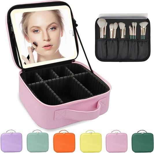Travel Makeup Bag for Women and Makeup Artists Cosmetic Organizer Large Makeup Case,Travel Makeup Bag with Mirror 3 Color Setting,Portable Storage and Adjustable Dividers(Light Pink)