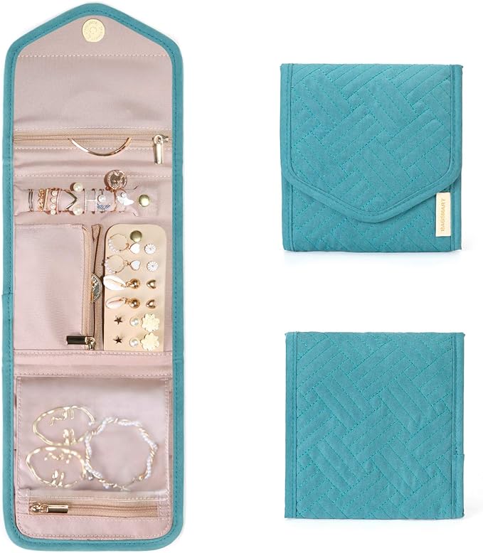 BAGSMART Travel Jewelry Organizer Case Foldable Jewelry Roll for Journey Rings, Necklaces, Earrings, Bracelets,Mini,Teal