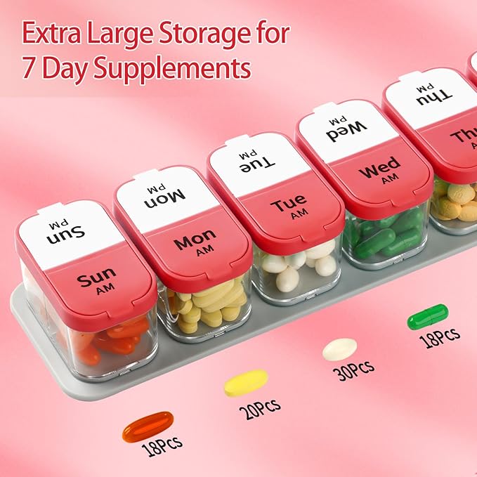 Daviky Extra Large Pill Organizer 2 Times a Day, Am Pm Pill Organizer 7 Day, Pill Box 7 Day to Hold Daily Medicine Vitamin and Supplements for Elders, Arthrtic Patients and Kids (Red)