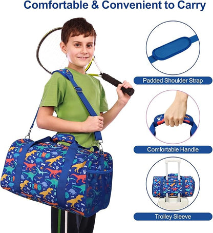 Bagseri Kids Duffle Bag Boys - Waterproof Sports Gym Bag for Travel Sleepover Overnight Bag with Shoe Compartment and Dry Wet Separation Pockets (Blue Dinosaur)