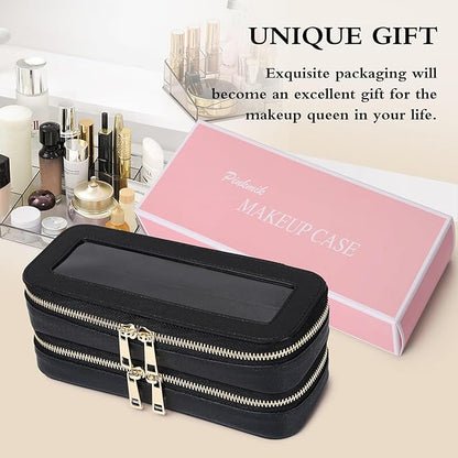 Pinkmik Double Layer Makeup Bag Makeup Brush Case Waterproof Travel Cosmetic & Toiletry Bag Purse Organizer and Car Essentials for Women (Black, Double SLIM)