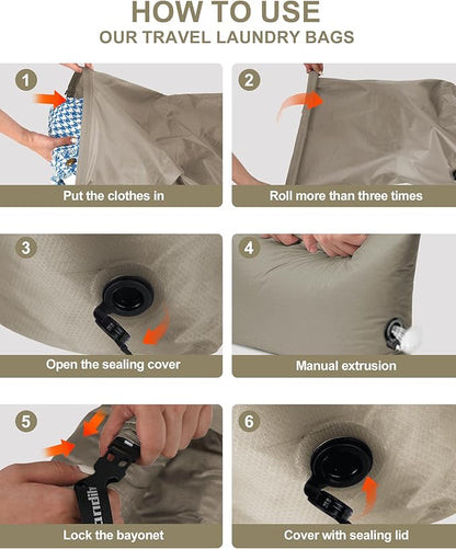 Travel Laundry Bag, Pump Free Vacuum Storage Bag Reusable Compression Dirty Clothes Travel Bag Waterproof Wet Dry Bags Large Capacity Space Saver Bags Camp Clothes Organizer (1 Pcs)(Gray, L)