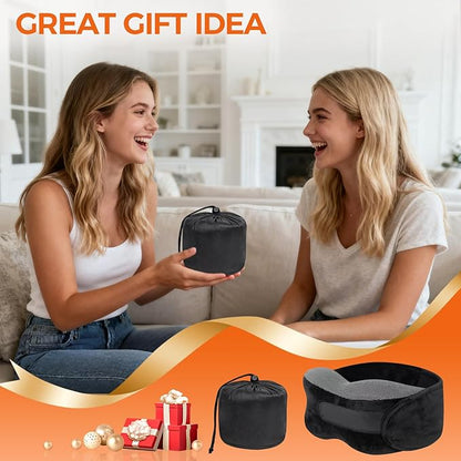 Memory Foam Neck Pillow for Airplane Travel - Ergonomic Support for Long Flights, Car Rides, Office & Home Use - Includes Contoured Eye Mask & Head Support - Adjustable Sizes M-L (Black)