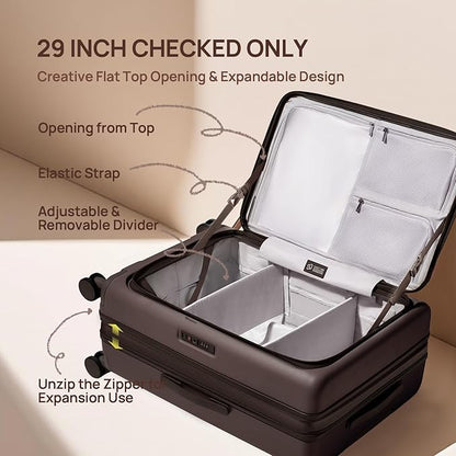 NINETYGO Large Checked Luggage 29 Inch, Flat Top Opening Checking In Luggage with Brake Wheels, Expandable, Coffee-Infused PC Hard Shell, Eco-Friendly, TSA Lock, 360° Spinner Wheels (Americaco)